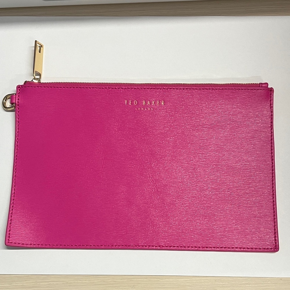 Ted Baker Pink Aspinal Top Zipper Large Clutch Bag Gold Hardware 10.25” x 6.5”